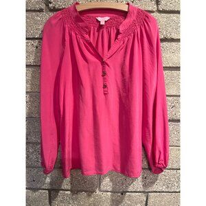 Lilly Pulitzer Womens Pink Smocked Long Sleeve Blouse W/ Button Detail S